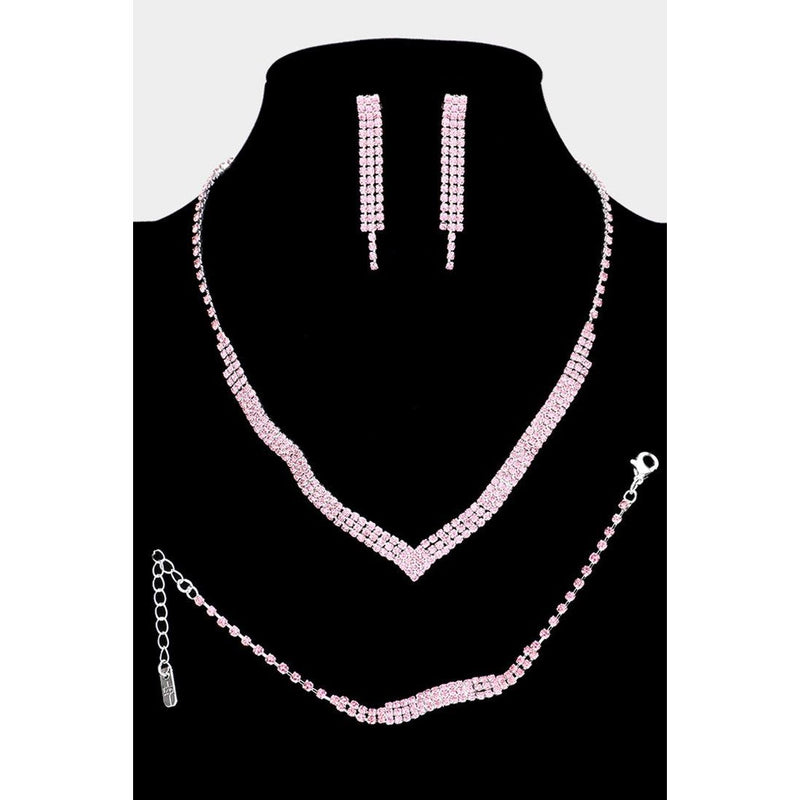 3 Row Rhinestone Necklace + Set