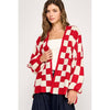 CHECK DROPPED SHOULDERS CARDIGAN: White/Red / Large
