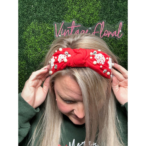 Red Snowflake : Knotted : Beaded Headband