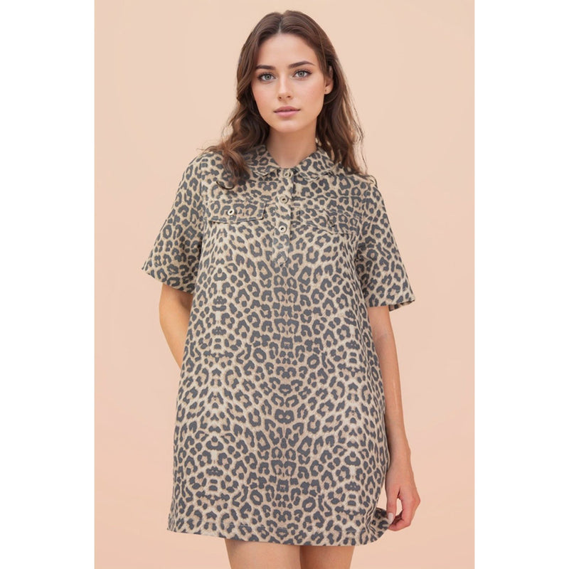 denim dress leopard print Neon Rose leopard print denim pinny dress in brown