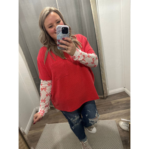 Ruby : Red Raised Rib Short Sleeve Top