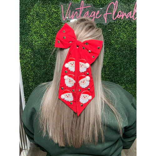 Christmas Santa : Red : Beaded Bow Barrette Hair Clip