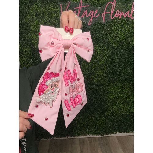 Christmas Santa & HO HO HO : Pink : Beaded Bow Barrette Hair Clip