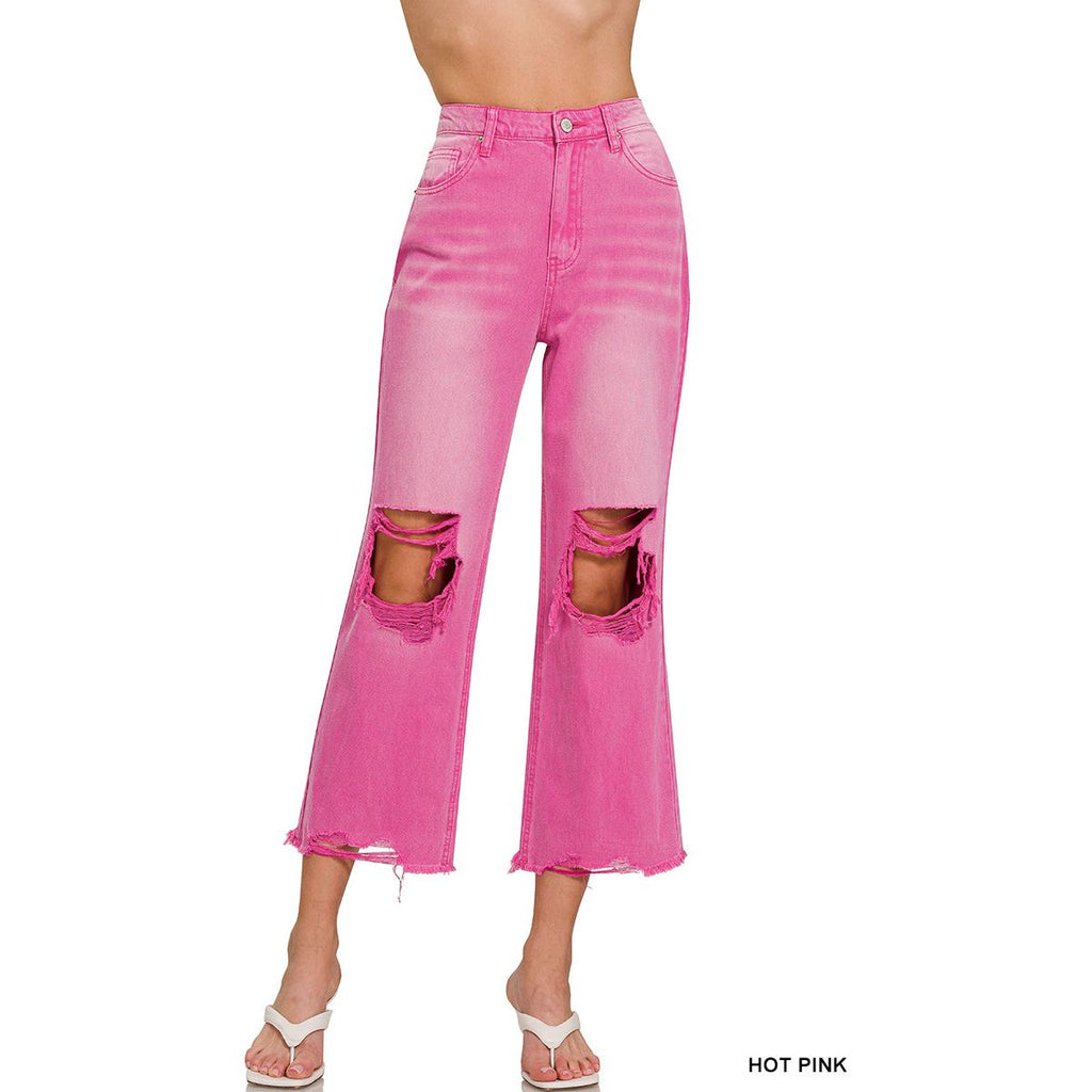 HOT PINK + Distressed Cropped Pants