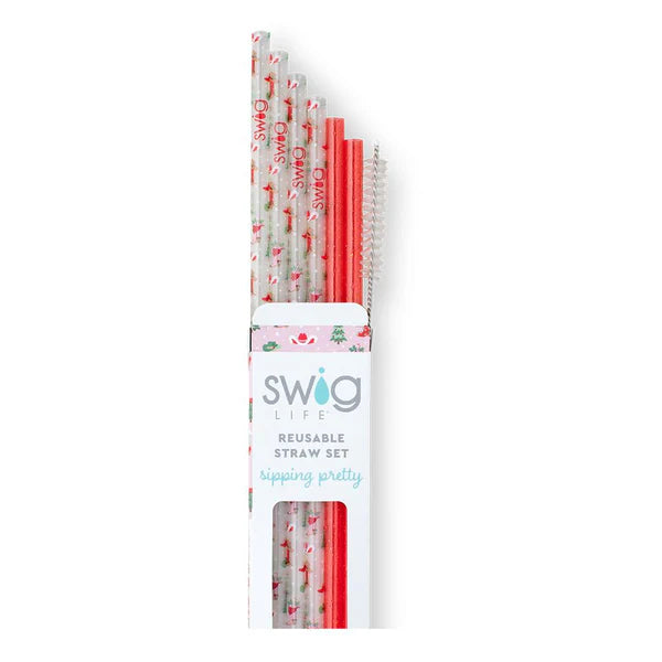 Howdy Holidays + Red Glitter Reusable Straw Set (Tall)