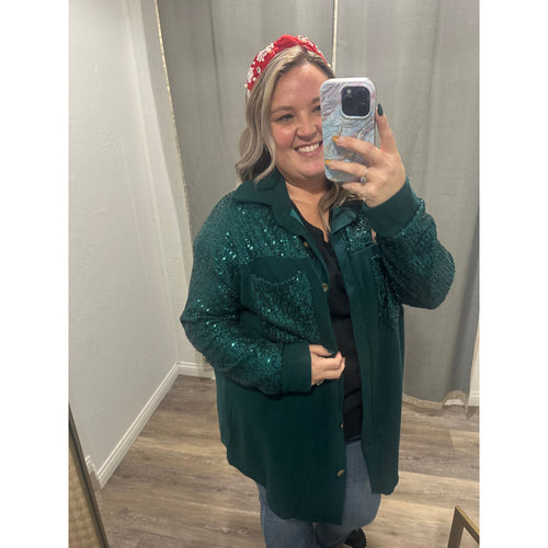 CURVY Life of the Party + Sequins Long Sleeve Green Top