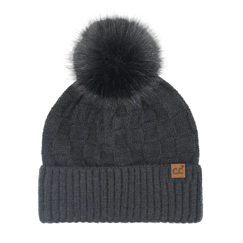 C.C Beanie Woven Checkered Pom Beanie