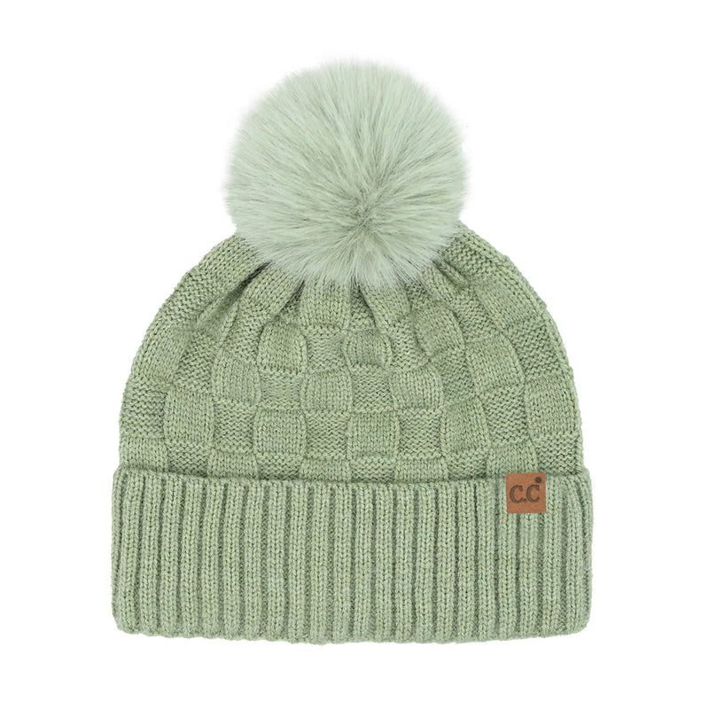 C.C Beanie Woven Checkered Pom Beanie