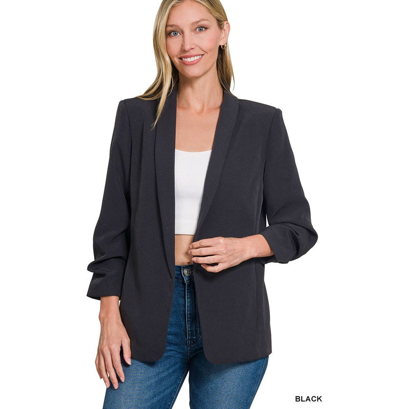 Classic Ruched Sleeve Black Blazer