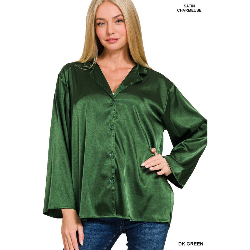 Dk Green Satin Button Up + Shirt