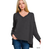 BLK SAT. - Raised Rib Long Sleeve V-Neck Top
