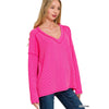 BLK SAT. - Raised Rib Long Sleeve V-Neck Top
