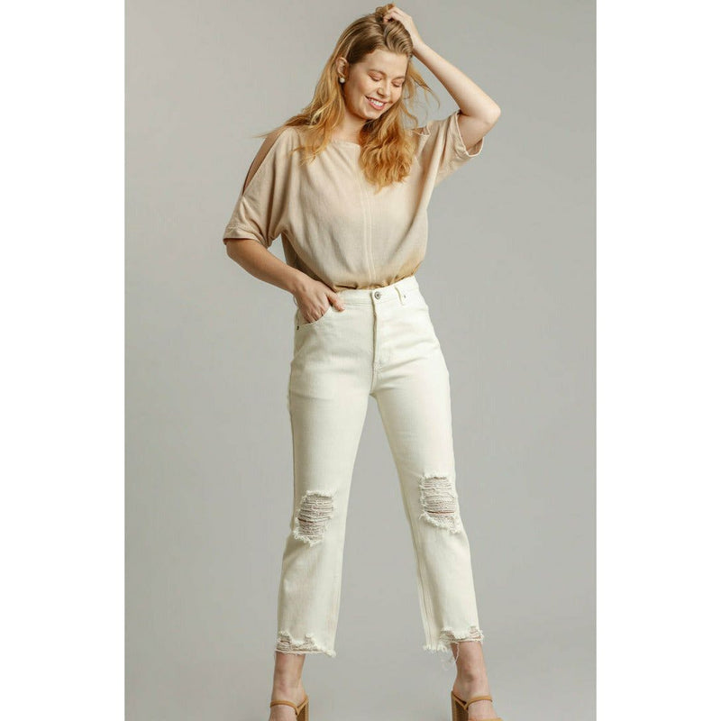 White Jeans: Button fly, Unfinshed Hem